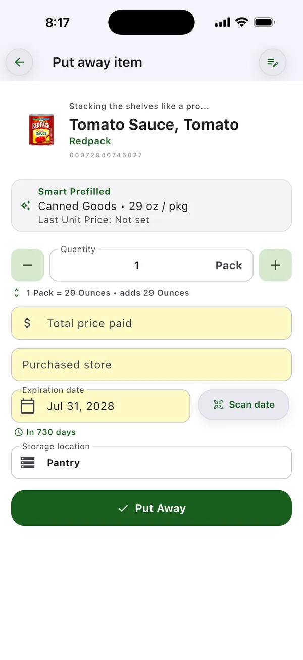 FreshFolio Put Away screen for a scanned can of tomato sauce, with quantity, price paid, store, expiration date and storage location