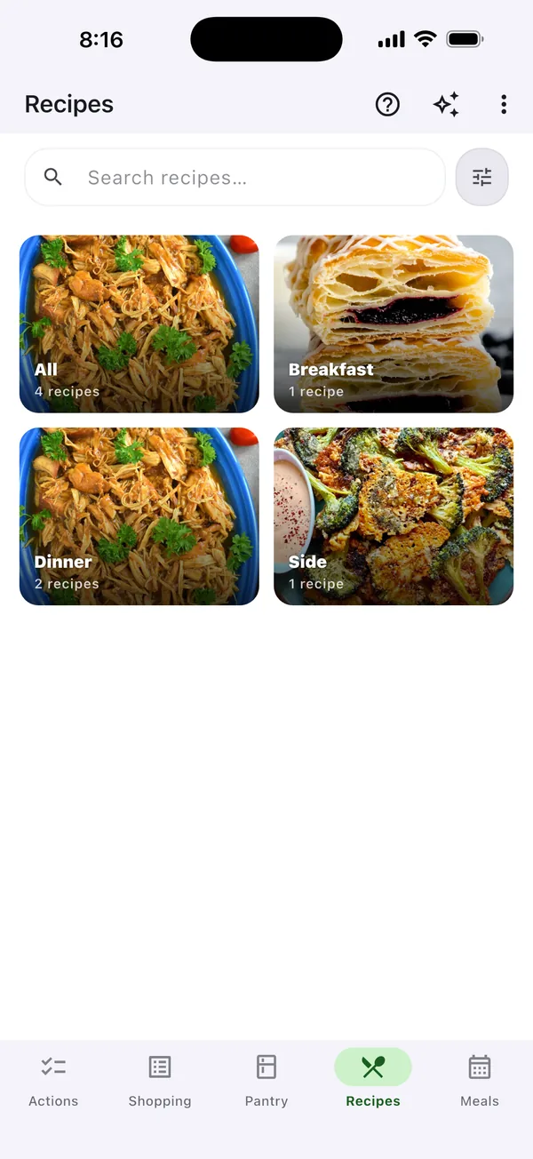 FreshFolio recipe collection organized into All, Breakfast, Dinner and Side